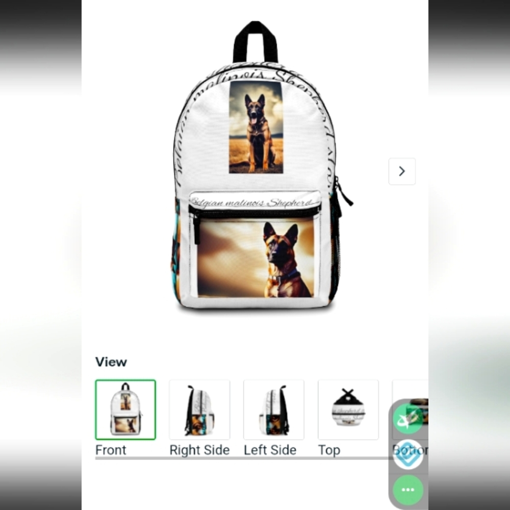 Custom-made backpack with Belgian malinois dogs with writing